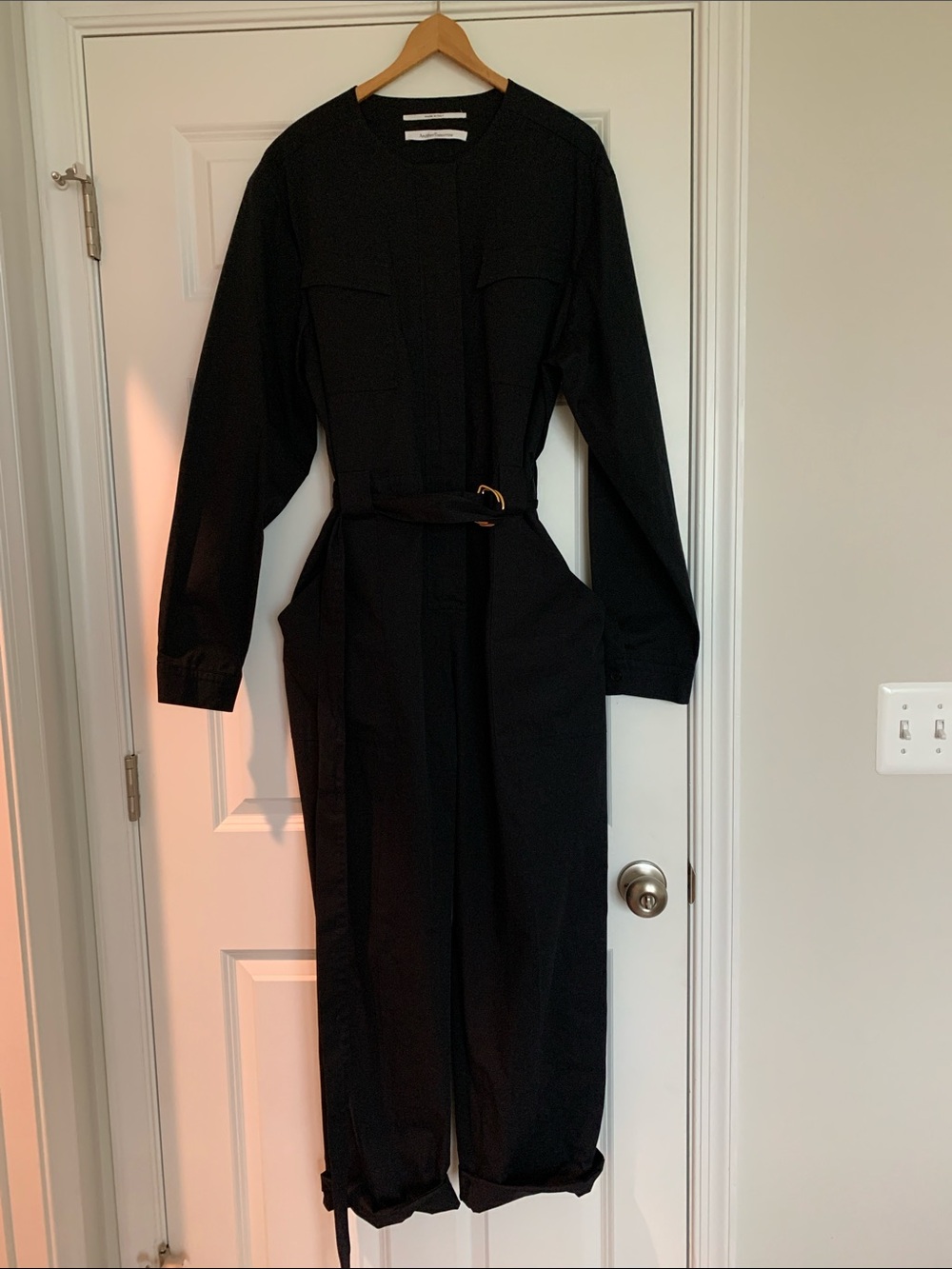 Belted Collarless Jumpsuit - Black